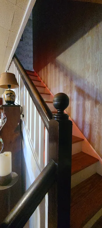 Stairway up to second floor; dark wood and white trim, dark furniture, light-colored stairs, color-changing LED lighting